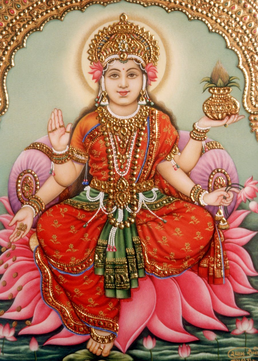 Gudinnan Lakshmi Laxmi Miniatyrmålning på elfenben av School Indian
