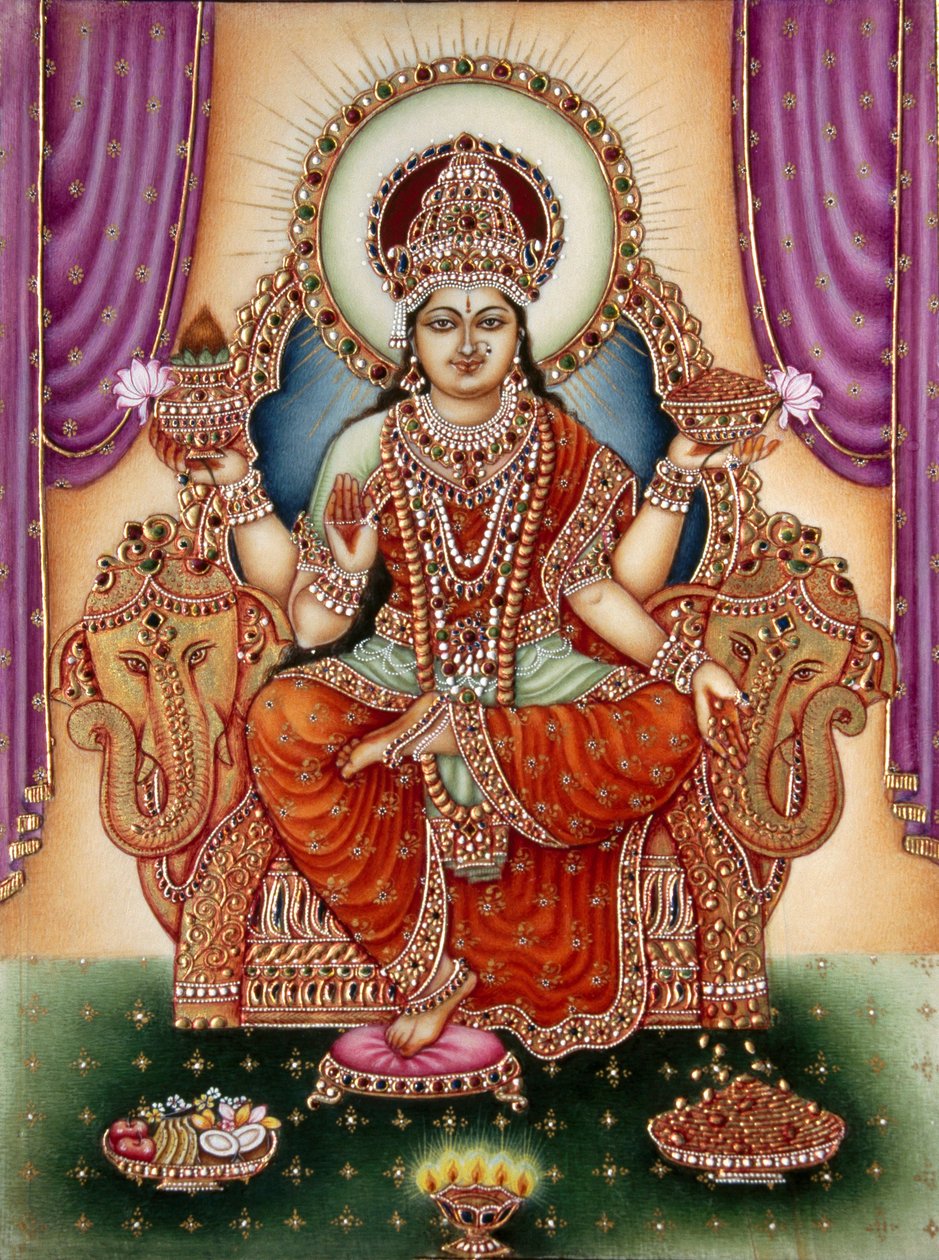Gudinnan Lakshmi miniatyrmålning på elfenben av School Indian