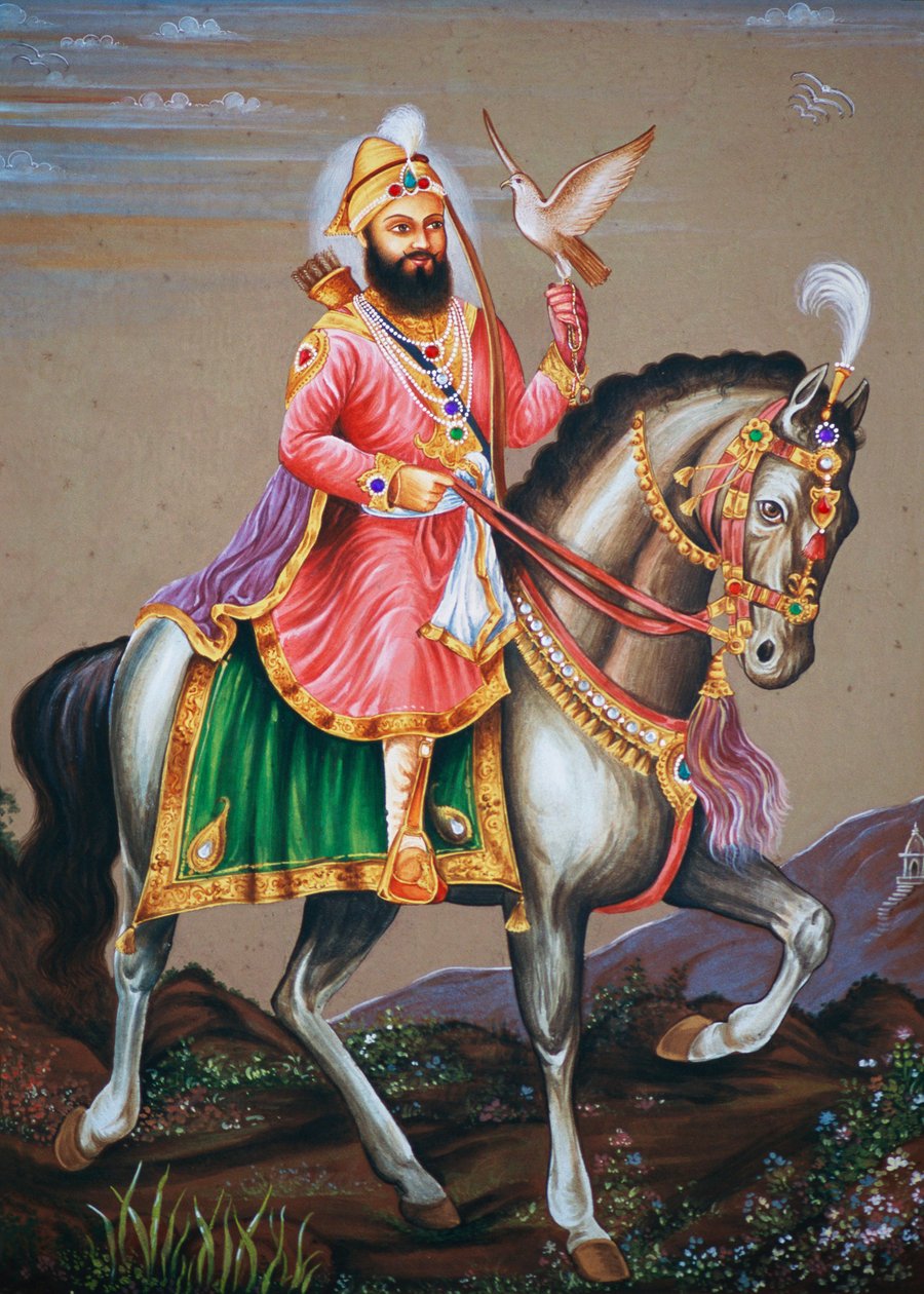 Guru Govind Singh rider på häst Miniatyrmålning på papper av School Indian