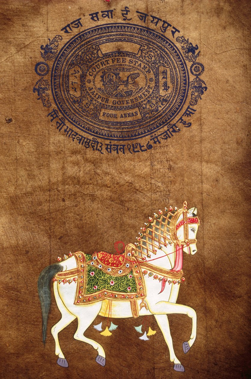 Häst, handgjord målning och gammalt frimärkspapper, Jaipur, Rajasthan, Indien av School Indian