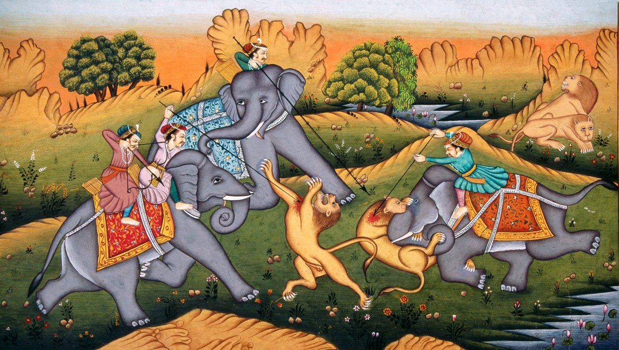 Jakt på tigrar på miniatyrmålning på papper av School Indian