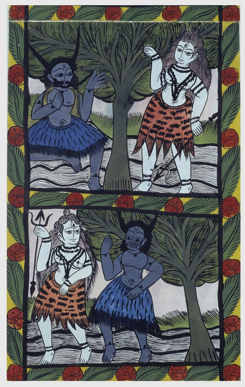 Kama, begärets gud, skickar en kärlekspil till Shiva i meditation, för att förenas med Parvati. Pat: målad rulle från Bengalregionen, som fungerar som ett berättande medium för sångarna Baoul (Baul). Leonard de Selva privat samling. av School Indian
