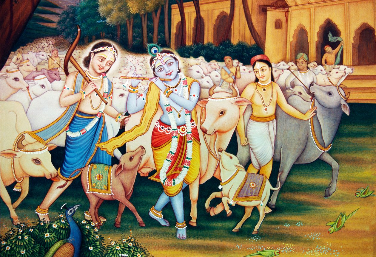 Krishna och Balram med miniatyrmålning av Gopal av School Indian