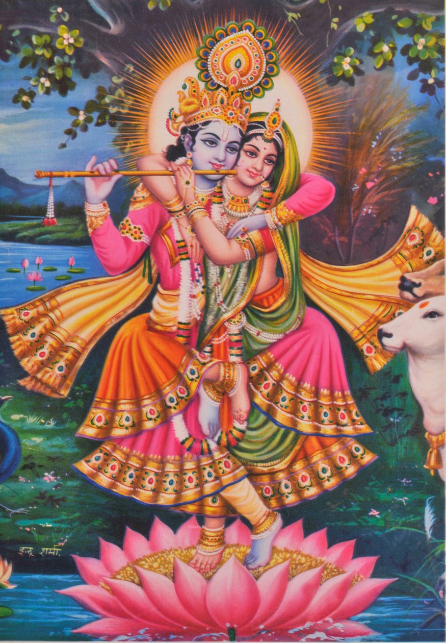 Krishna och Radha (färglitografi) av School Indian