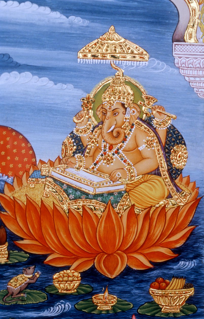 Lord Ganesh Ganpati miniatyrmålning skrivande skrift av School Indian