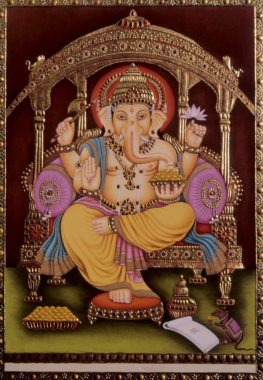 Lord Ganesh Ganpati Miniatyrmålning på papper med guldprägling av School Indian