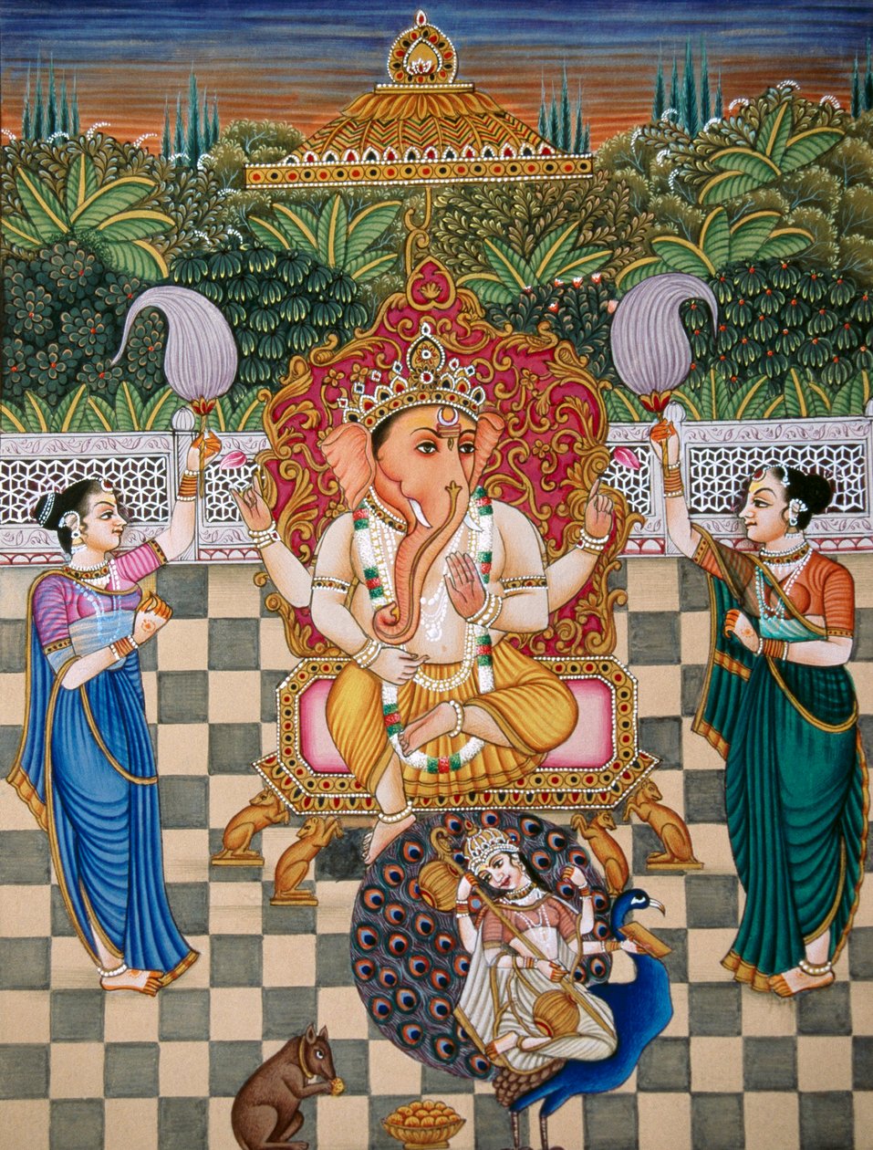 Lord Ganesh Ganpati Riddhi och Siddhi Miniatyrmålning på papper av School Indian