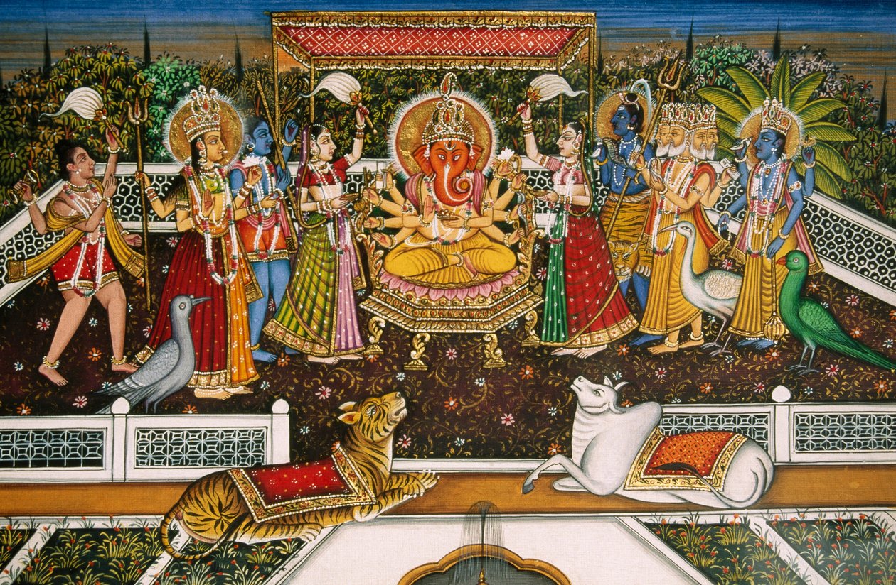 Lord Ganesh Ganpati med Brahma, Vishnu, Shiva, Durga, miniatyrmålning på papper av School Indian