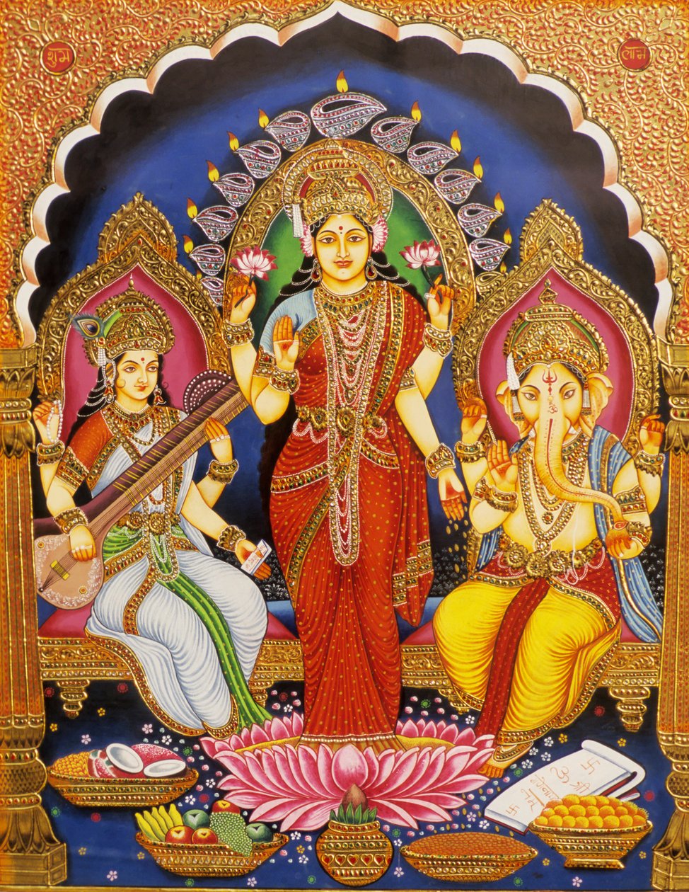 Lord Ganesh med Laxmi och Saraswati Miniatyrmålning på papper med guldpräglad Indien av School Indian