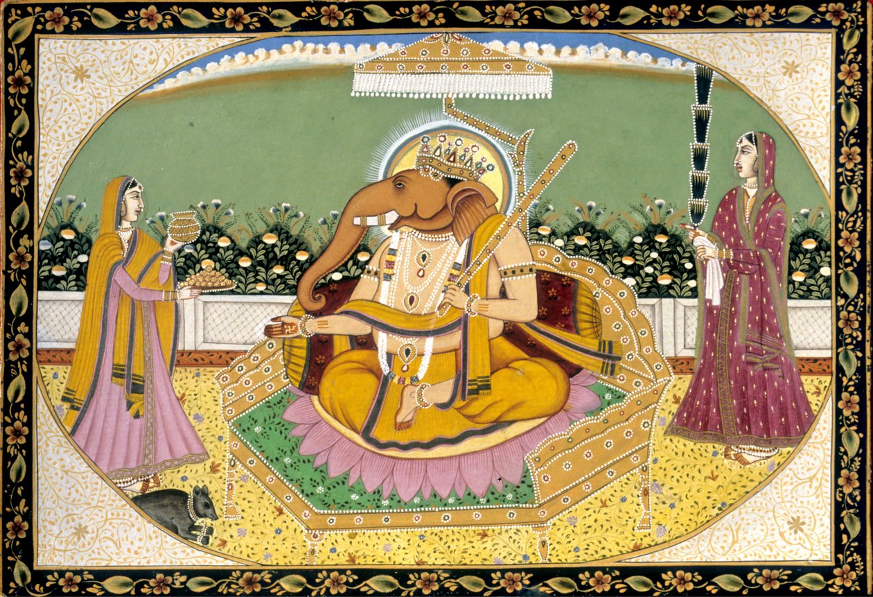 Lord Ganesh med Ridhi och Siddhi Miniatyrmålning Indien av School Indian