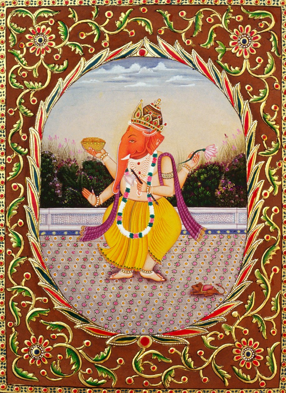 Lord Ganesha Ganpati Miniatyrmålning på papper med broderi av School Indian