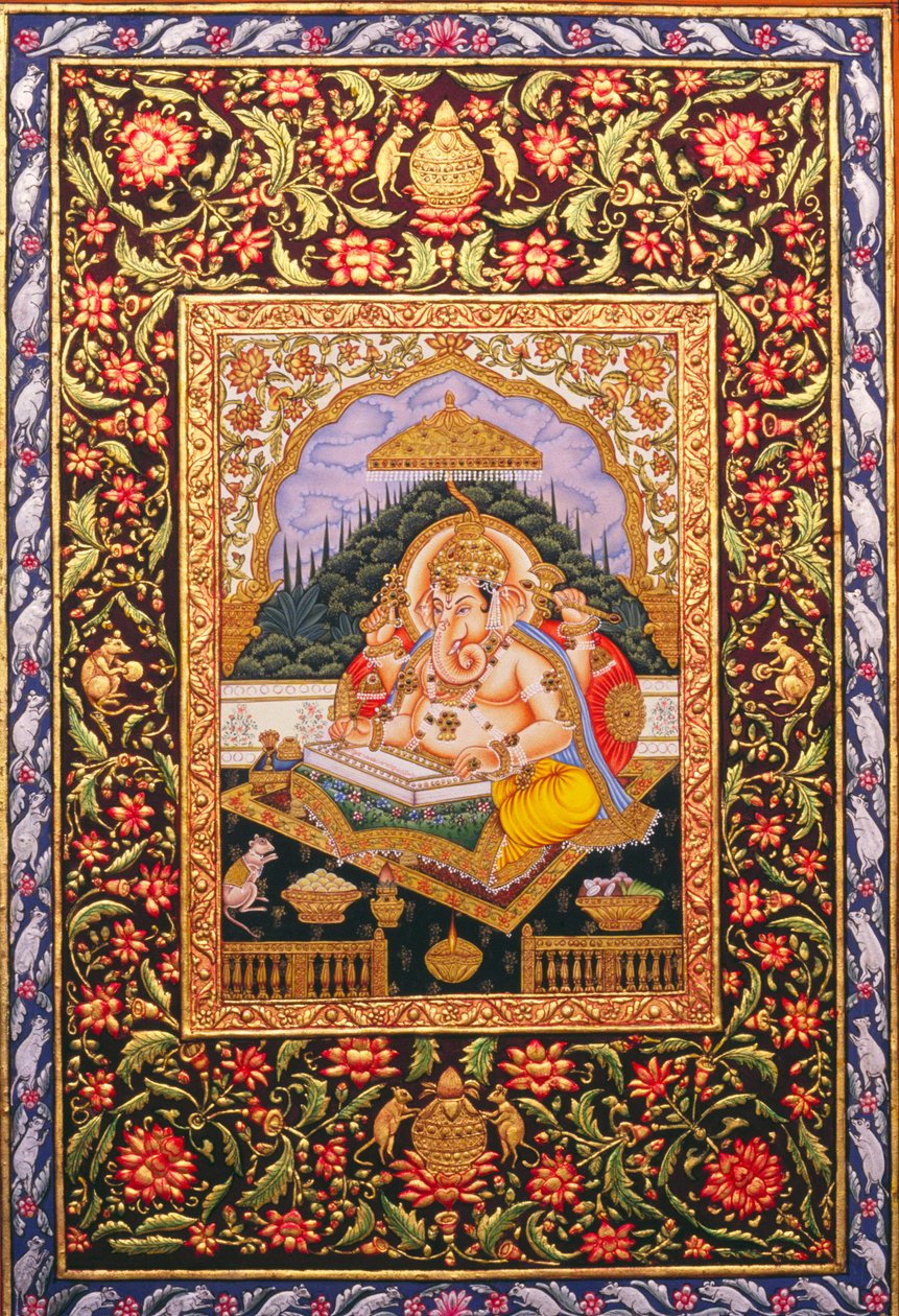 Lord Ganesha Ganpati Miniatyrmålning på papper med guldprägling av School Indian