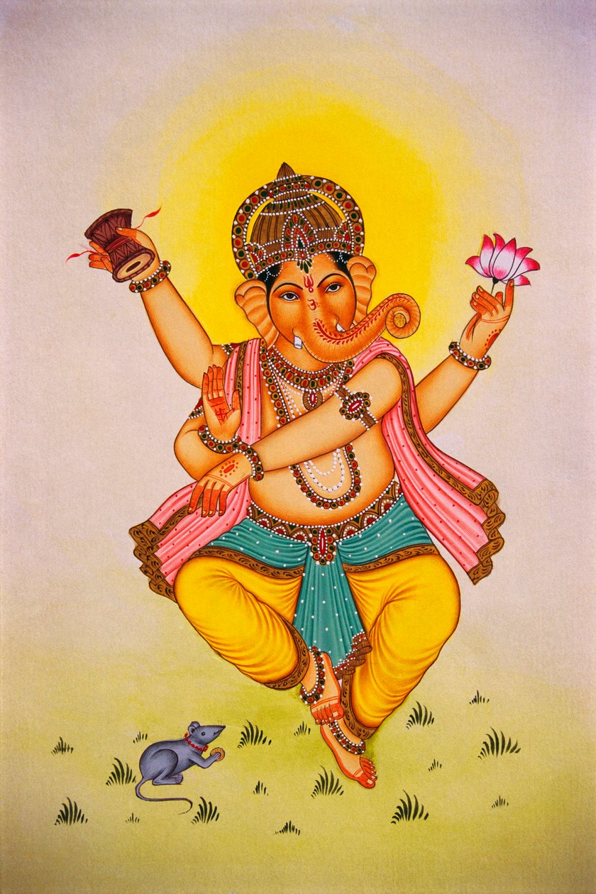Lord Ganesha Ganpati i dansande humör Miniatyrmålning på papper av School Indian