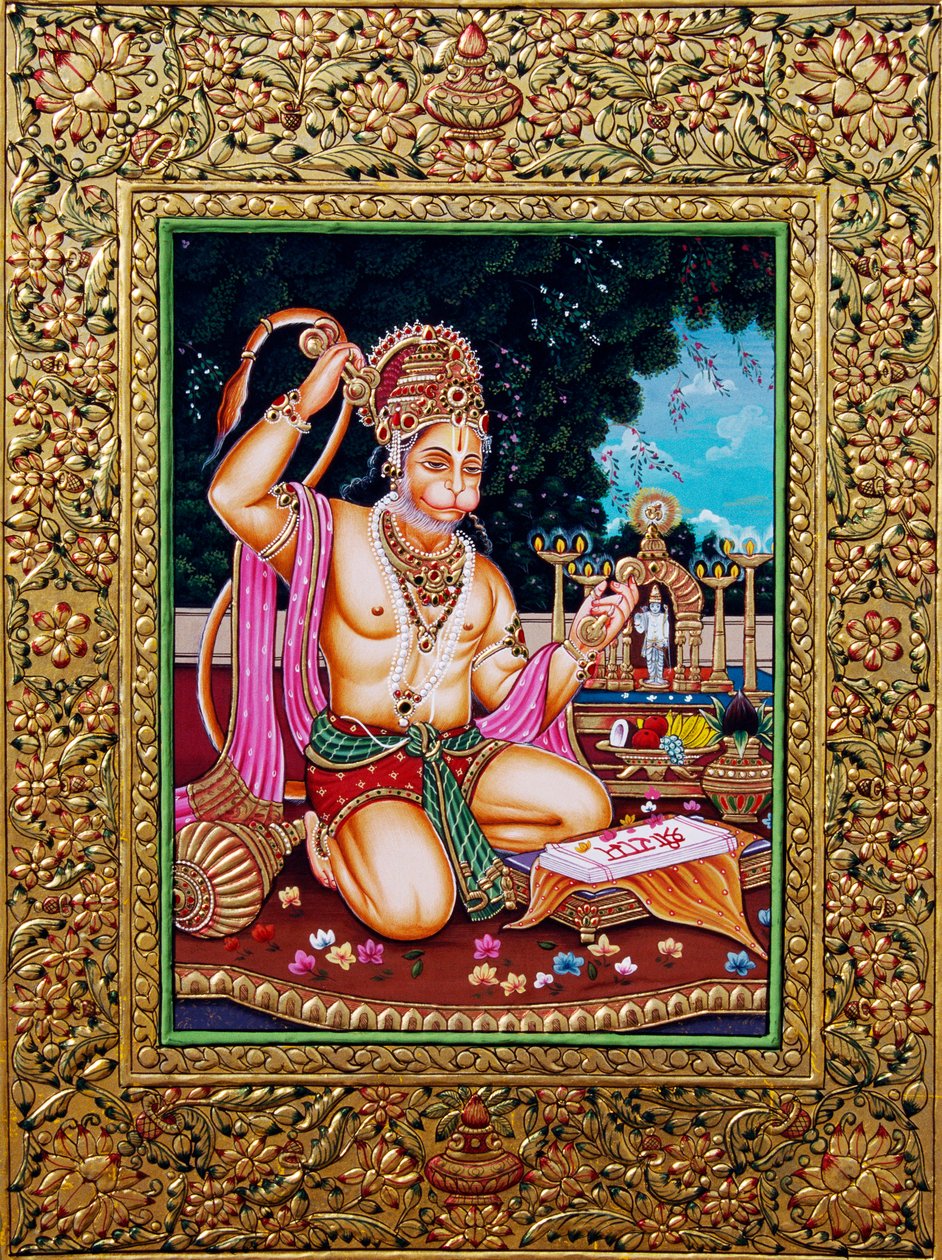 Lord Hanuman miniatyrmålningspapper med gyllene prägling av School Indian