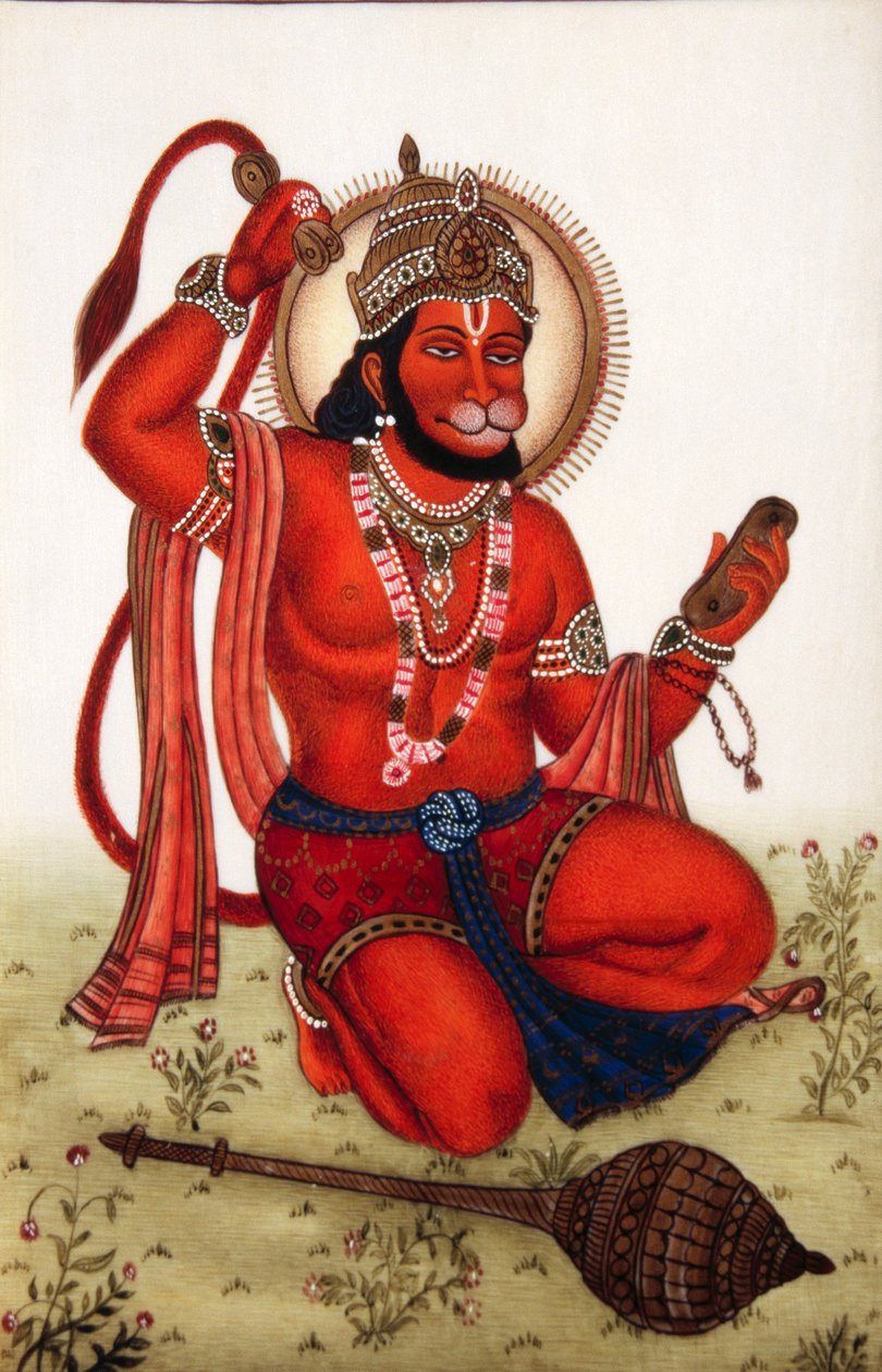 Lord Hanuman miniatyrmålning på elfenben av School Indian