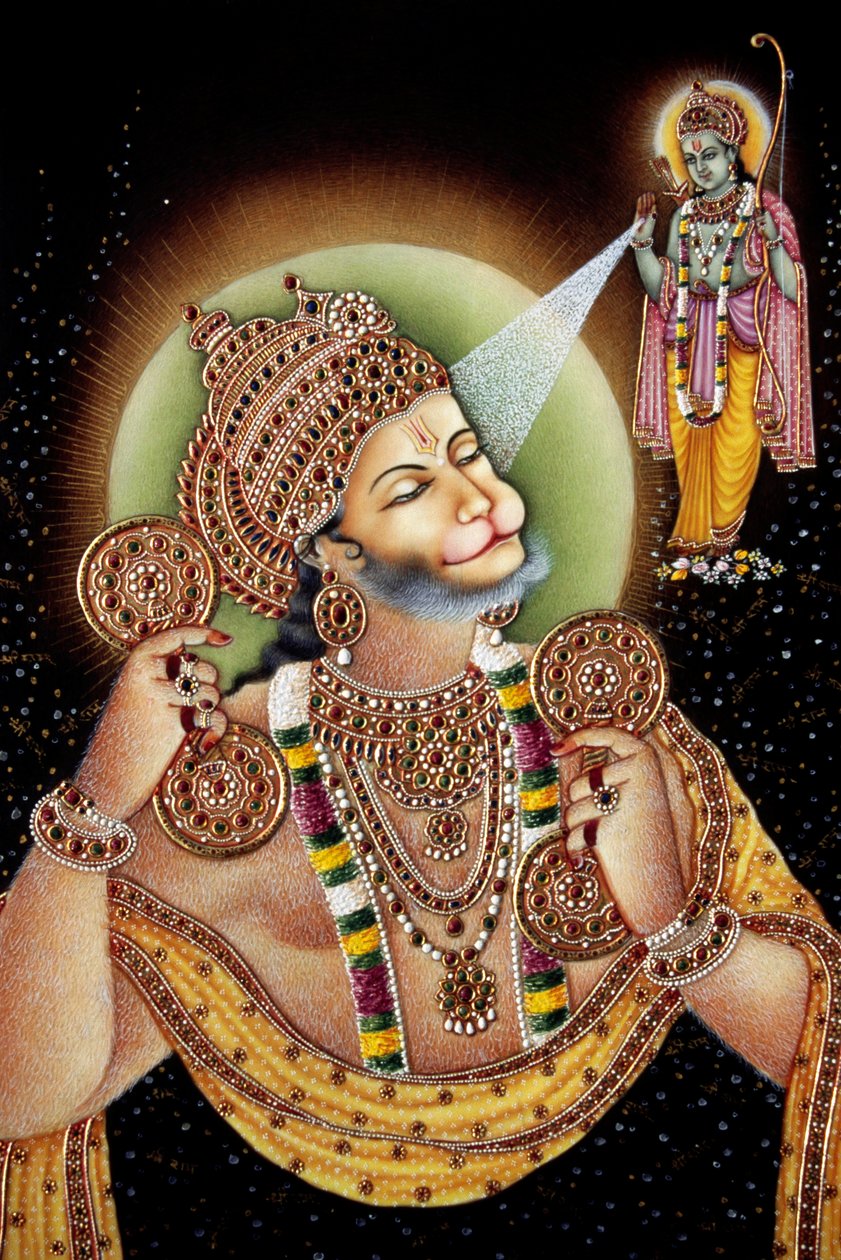 Lord Hanuman och Rama Miniatyrmålning på papper av School Indian