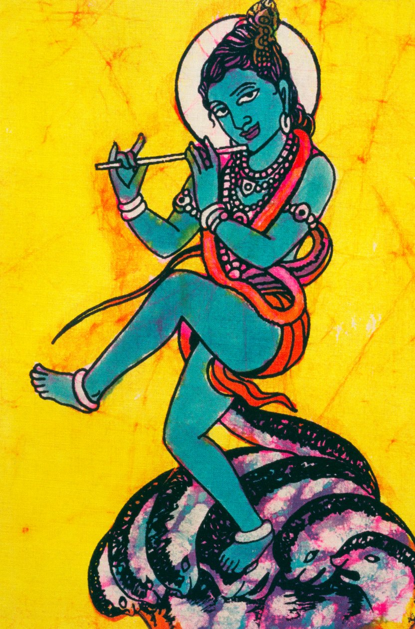 Lord Krishna Kaliya Mardhan Batik Målning av School Indian