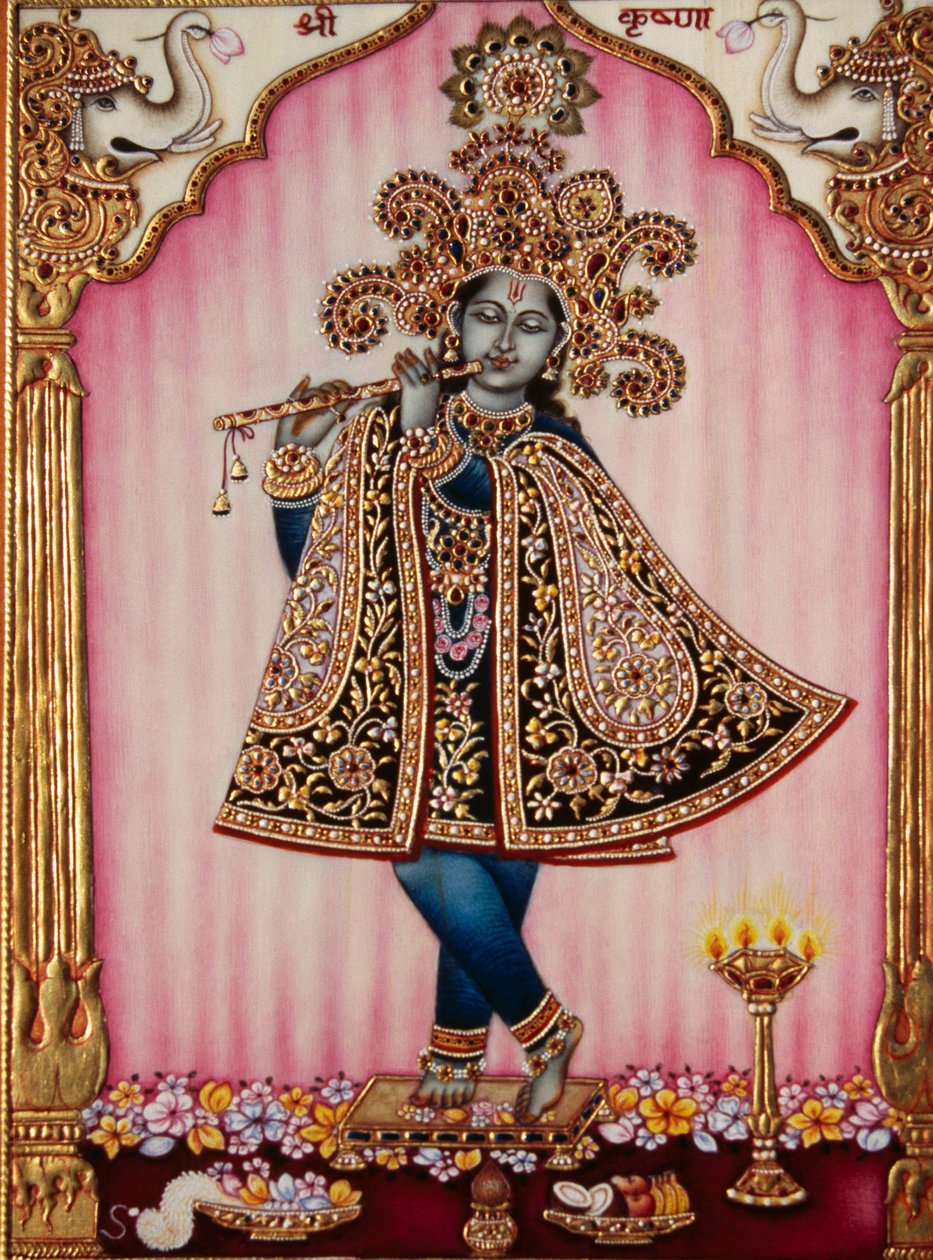 Lord Krishna miniatyrmålning på elfenben av School Indian