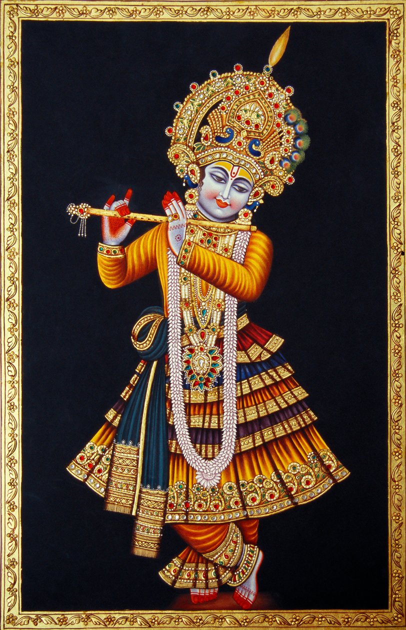 Lord Krishna spelar flöjt Miniatyrmålning på papper av School Indian