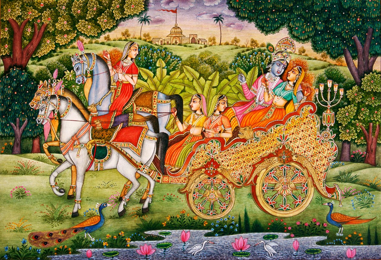 Lord Krishna med Radha Miniatyrmålning på papper av School Indian