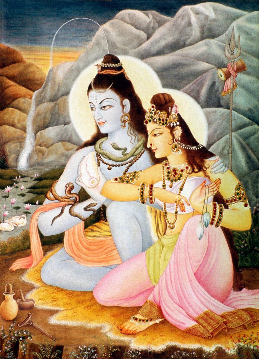 Lord Shiva Shanker Parvati Miniatyrmålning på papper av School Indian