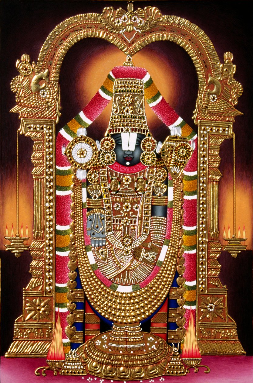 Lord Thirupati Balaji Miniatyrmålning på papper med guldprägling av School Indian