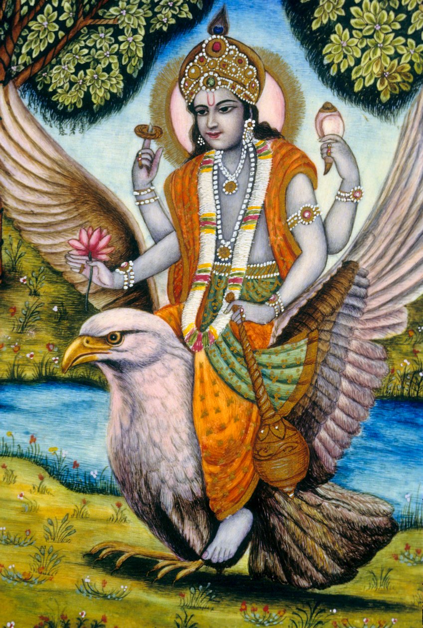 Lord Vishnu sittande på Garuda Indien av School Indian