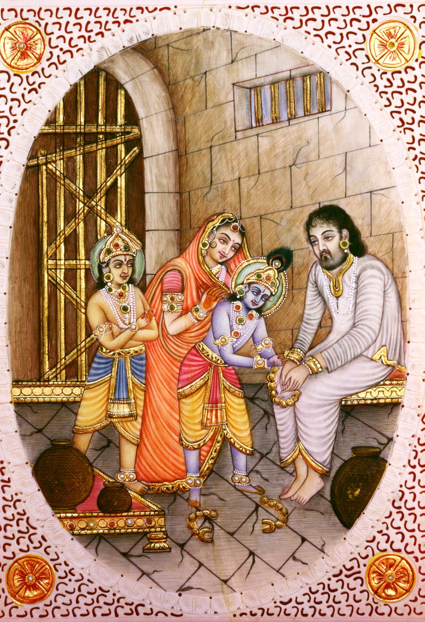 Elfenbensmålning i miniatyr av Krishna Balram och Devaki Vasudeva av School Indian