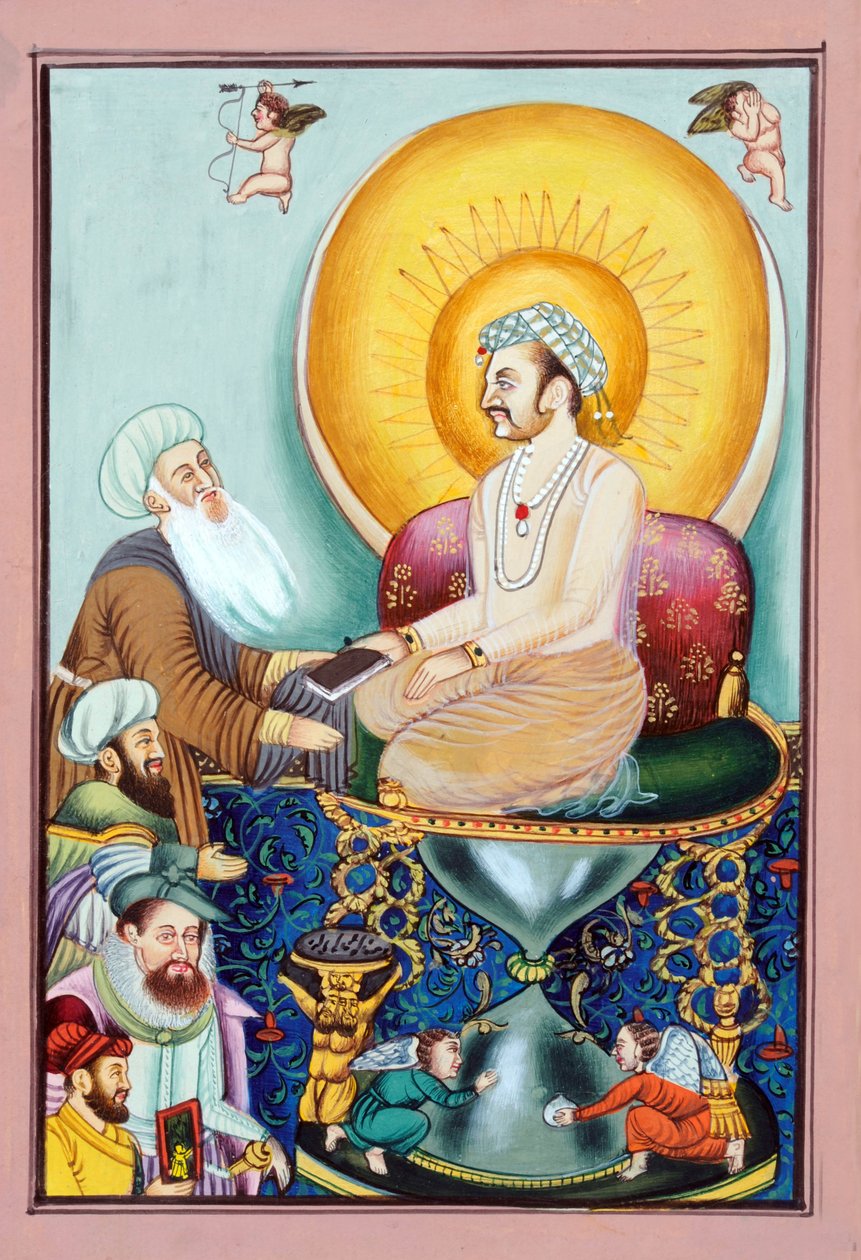 Miniatyrmålning av Abul Fazl som presenterar Akbars namn för mogulkejsaren Akbar av School Indian