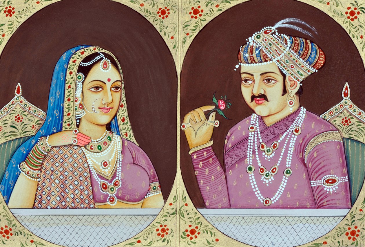 Miniatyrmålningar av Akbar och Jodha Bai Indien Asien av School Indian