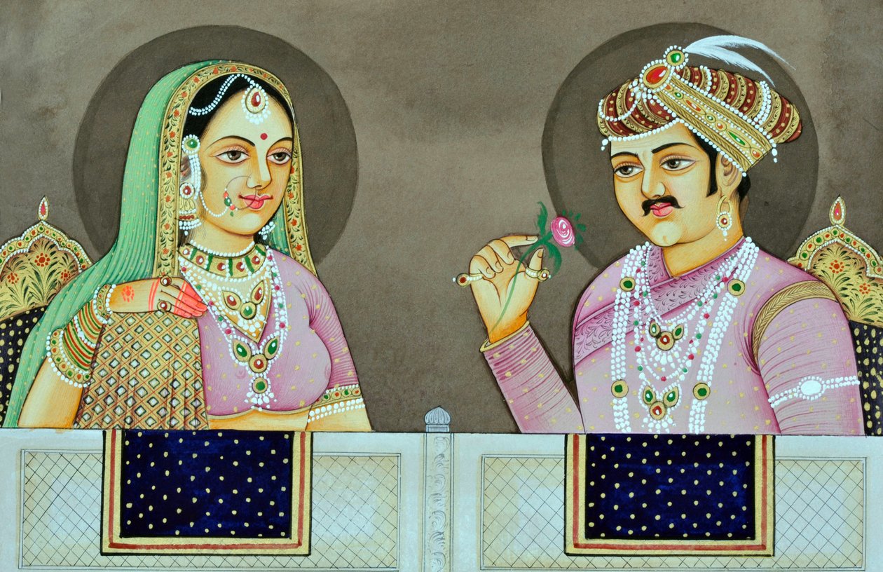 Miniatyrmålning av Akbar med Jodha Bai Indien Asien av School Indian