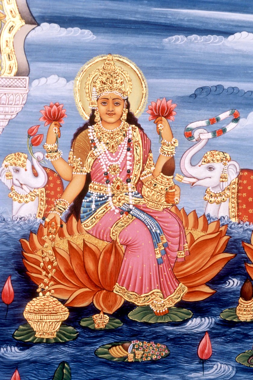 Miniatyrmålning av gudinnan Laxmi, Indien av School Indian