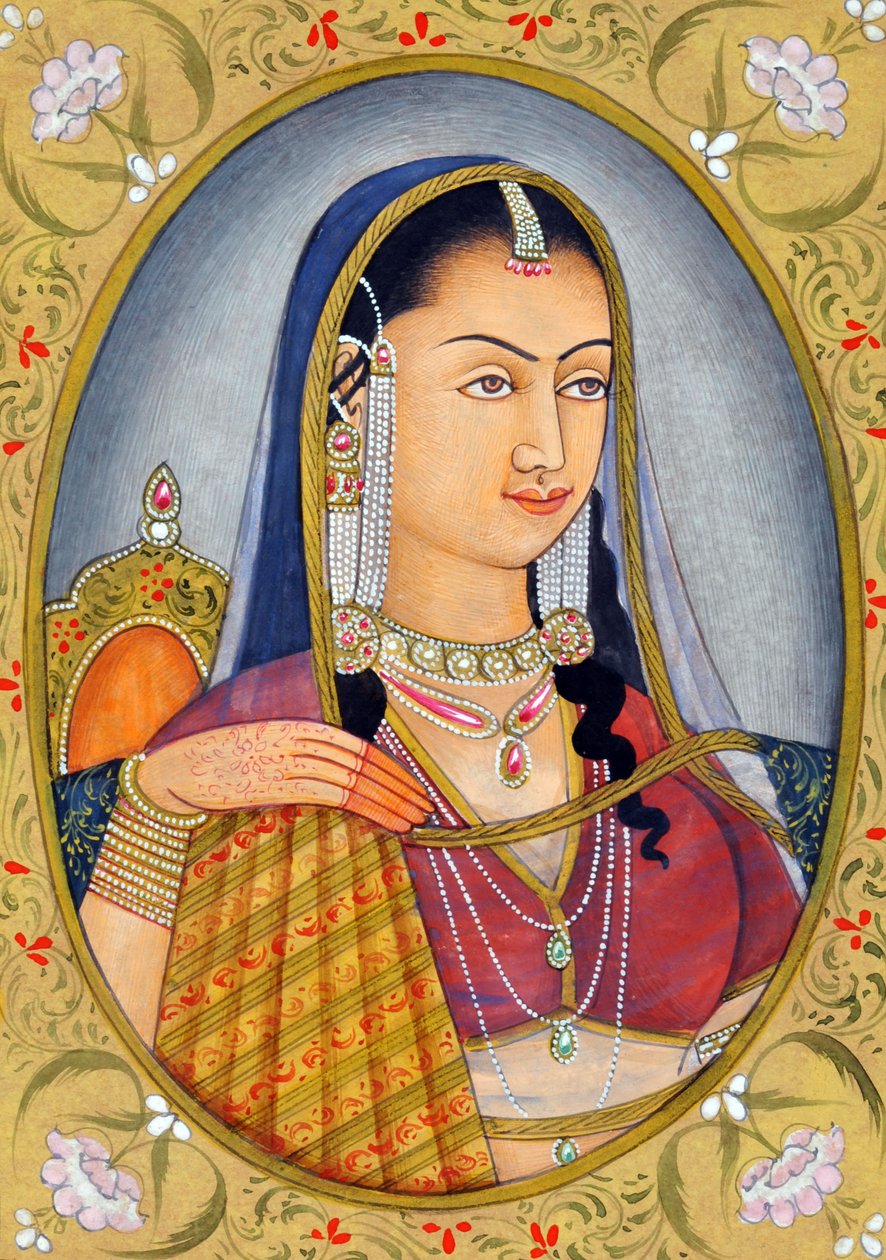 Miniatyrmålning av moguldrottningen Jodha Bai Indien Asien av School Indian