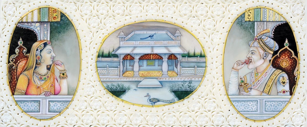 Miniatyrmålning av mogulkejsaren Aurangzeb med hustrun Mehrunnisa av School Indian