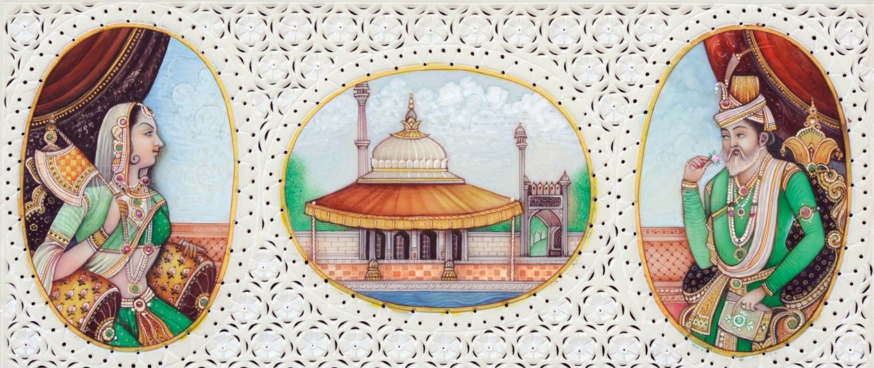 Miniatyrmålning av mogulkejsaren Humayun med hustrun Jhanvi av School Indian