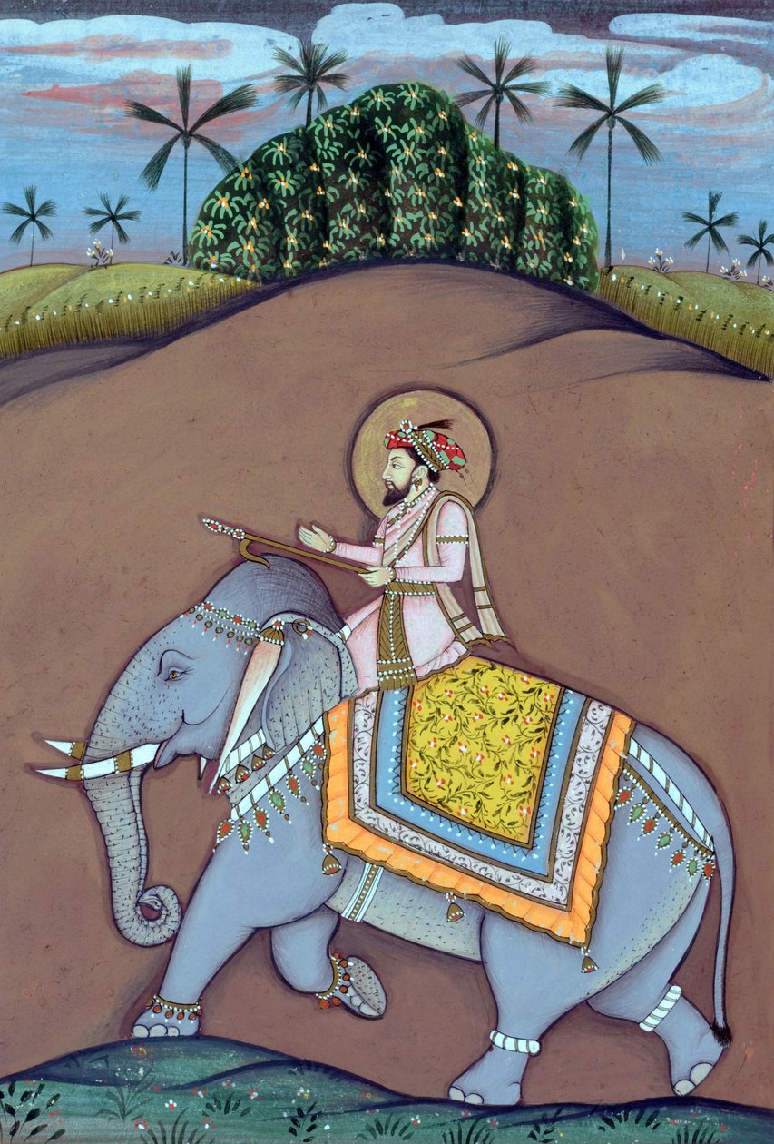 Miniatyrmålning av mogulkejsaren Shah Jahan sittande på elefant av School Indian