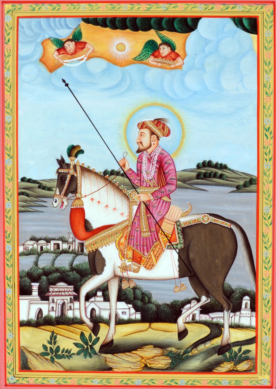 Miniatyrmålning av mogulkejsaren Shah Jahan sittande på häst av School Indian