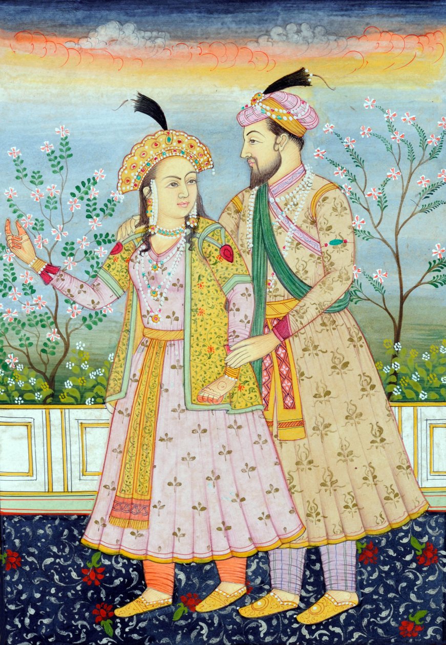 Miniatyrmålning av mogulkejsaren Shah Jahan och hans hustru Mumtaz Mahal av School Indian