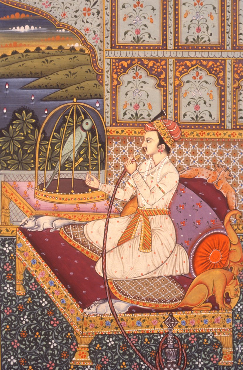 Miniatyrmålning av mogulprins som njuter av hooka, Indien av School Indian