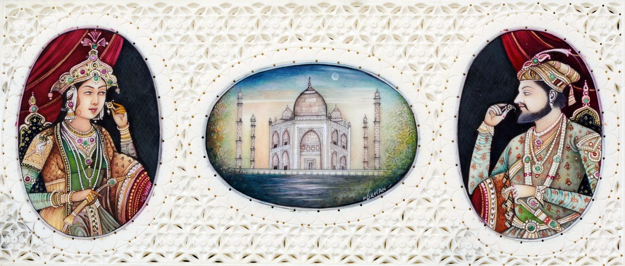 Miniatyrmålning av mogulkejsaren Shah Jahan med hustrun Mumtaj Mahal av School Indian