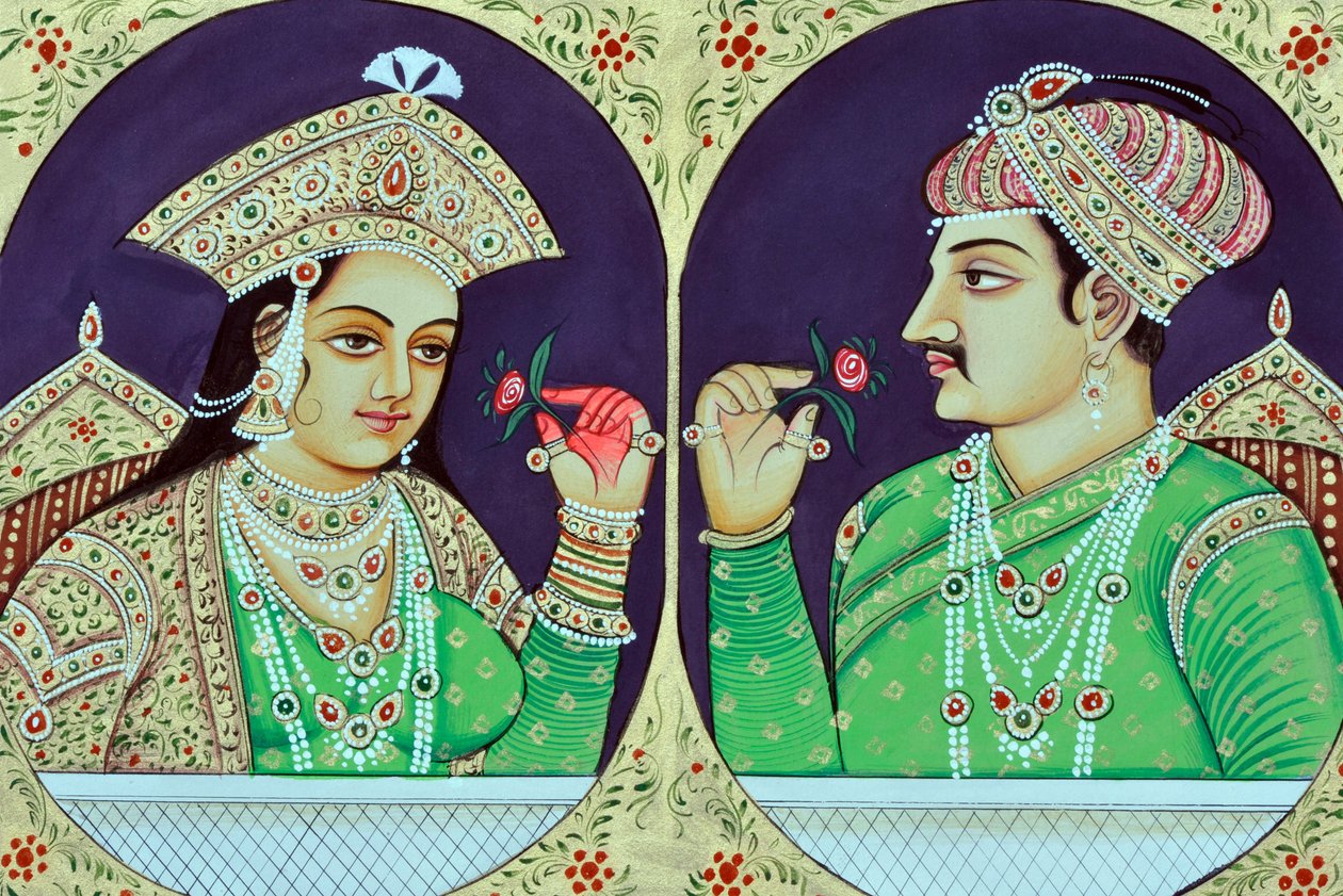 Miniatyrmålning av drottning Noorjahan med Jahangir Indien Asien av School Indian