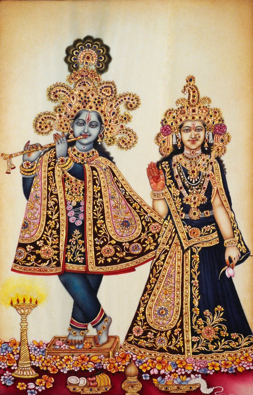 Miniatyrmålning av Radha Krishna på elfenben av School Indian