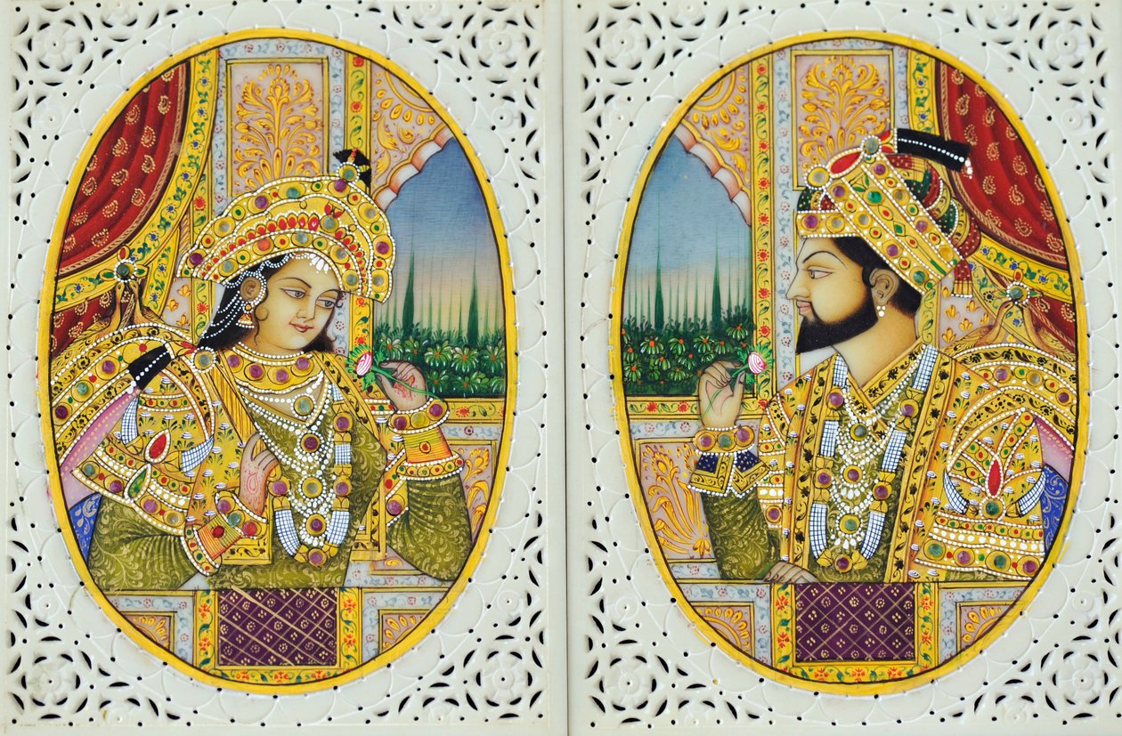 Miniatyrmålning av Shah Jahan med hustru Mumtaj Mahal Indien Asien av School Indian
