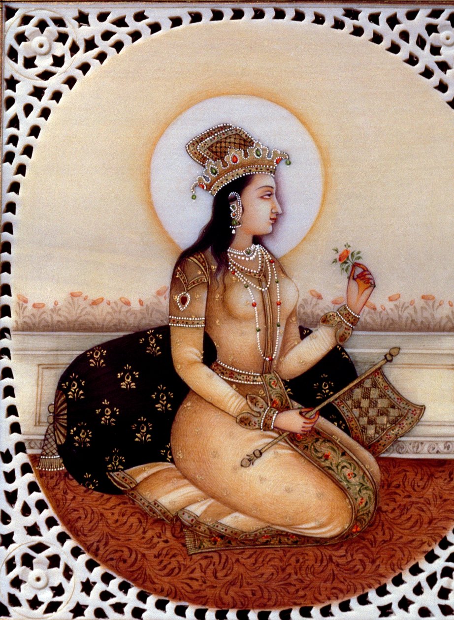 Miniatyrmålning på elfenben av prinsessan Mumtaz Mahal hustru till mogulkejsaren Shah Jahan av School Indian