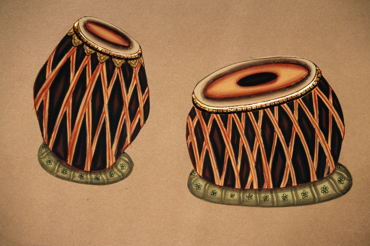 Miniatyrmålning på papper, indiskt klassiskt musikinstrument Tabla av School Indian