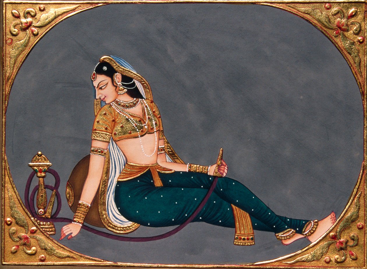 Miniatyrmålning på papper Lady njuter av vattenpipa av School Indian