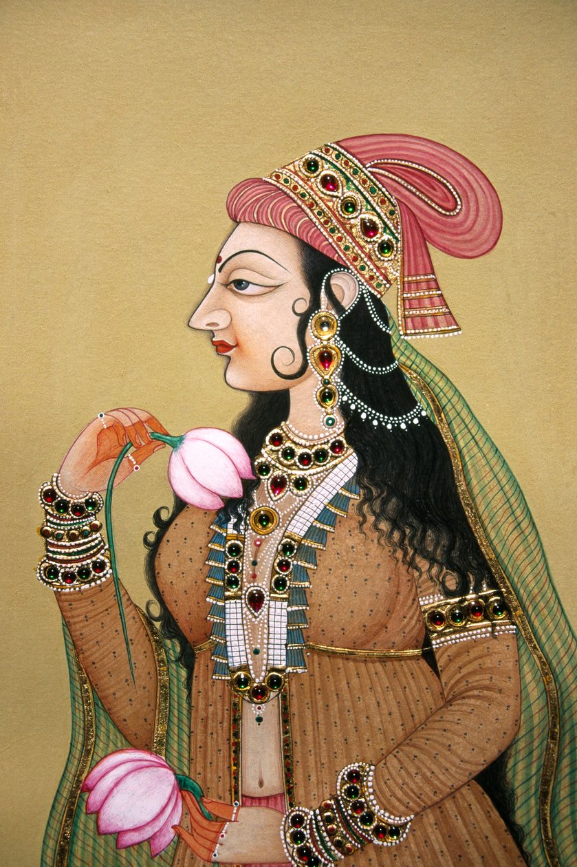 Miniatyrmålning på papper Porträtt av kunglig Mugal Lady av School Indian