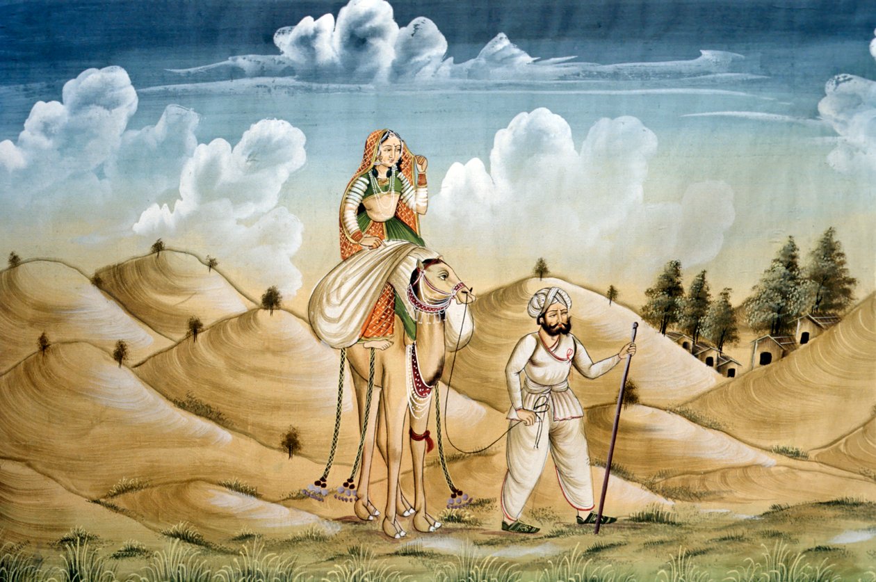 Miniatyrmålning på siden, Lonely Travellers, Rajasthan av School Indian