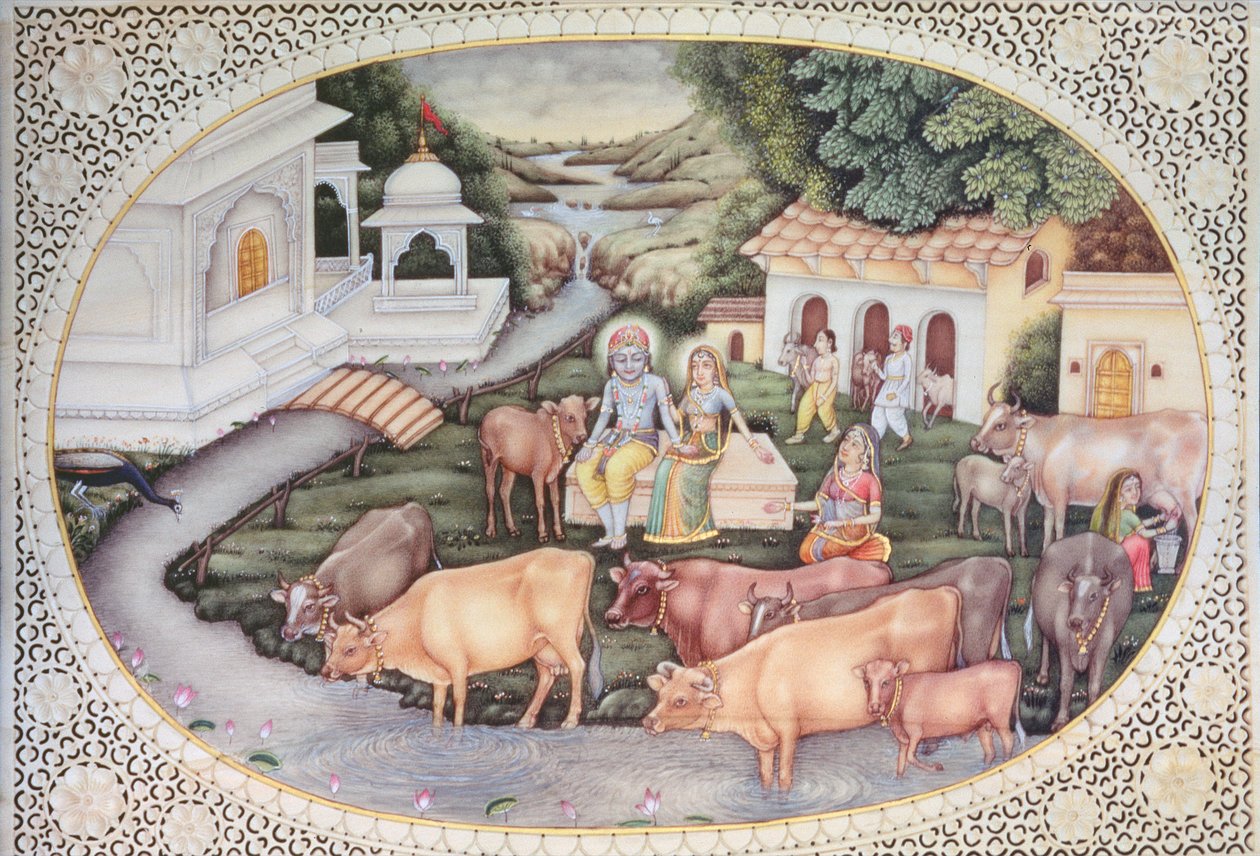 Miniatyr av Krishna, en mjölkpiga sittande på ett fält med boskap (akvarell på elfenben) av School Indian