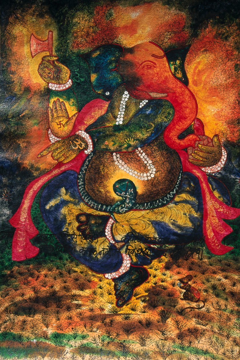 Miniatyr av målning av Ganesh Ganpati Gud på papper av School Indian